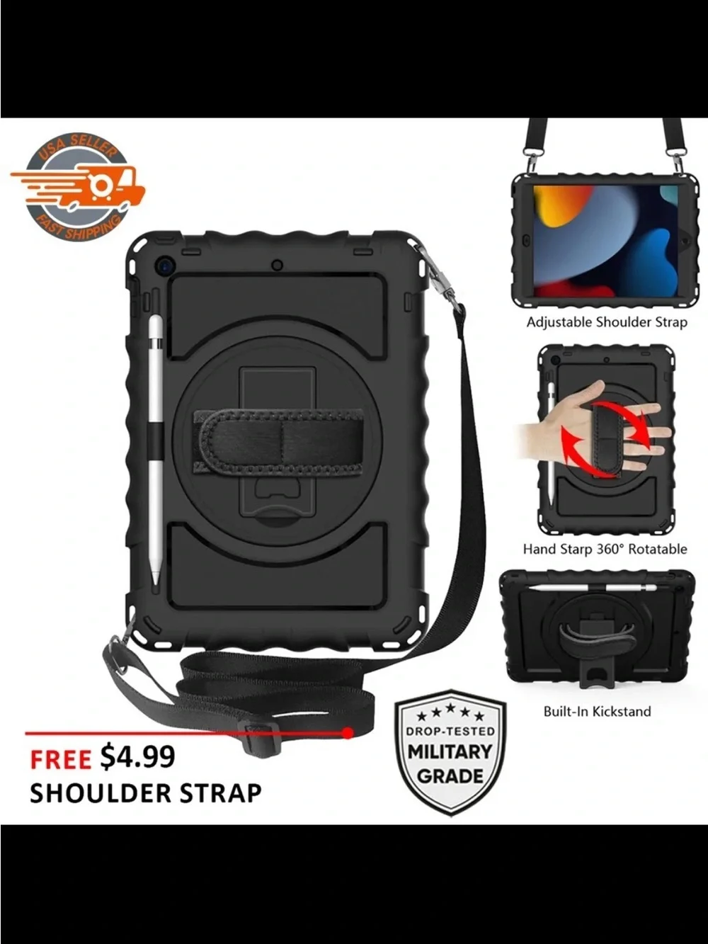 Samsung A11 Rugged Black Shockproof Tablet Case with Hand Strap & Kickstand